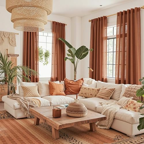 Terracotta Curtains for Bedroom Living Room 84 Inches Long Light Filtering Semi Sheer Boho Burnt Orange Curtains Window Drapes Privacy Back Tab Farmhouse Rustic Modern Country (50"W x 84"L (Pack of 2) / Terracotta)
