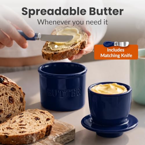 Butter Crock with Lid for Countertop with Spreader Knife and Water Line (Dark Blue / Regular)