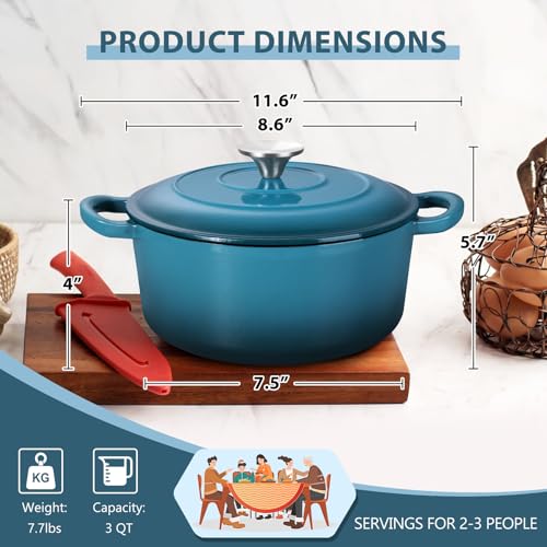 3 Qt Enameled Cast Iron Dutch Oven with Lid (3 QT-Round / Teal Mist)