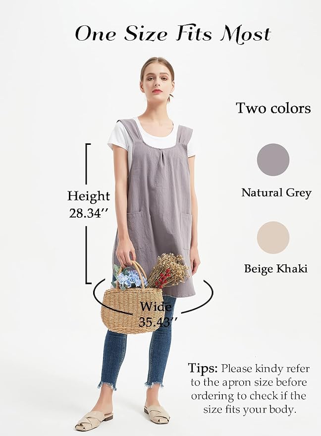 Japanese Apron for Women with 2 Roomy Pockets Linen Cross Back Aprons Cute Pinafore Dress For Kitchen Cooking Baking Work Gardening Painting Crafting Grey (Grey)