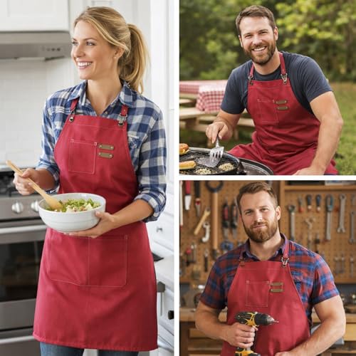 Chef Aprons for Men Canvas Apron with Large Pockets and Adjustable Neck Strap for Cooking (Hot Pink)
