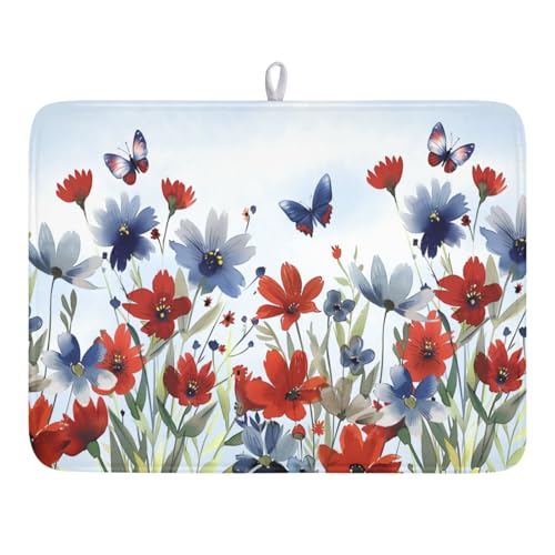 4th of July Dish Drying Mat for Kitchen Counter 18 x 24 Inch Patriotic Floral Dish Drainer Mat Absorbent Microfiber Independece Day Dish Rack Pad for Coffee Dining Bar Decor (Blue Red / 18" x 24")