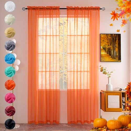 Solid Sheer Rod Pocket Curtain Voile Draperies 2 Panels White Beige Black Grey Coffee 52 Inch Width 54 Inch Long 1 Pair for Kitchen Bedroom Children Living Room Yard (Orange Red / 52"W x 54"L (Pack of 2))