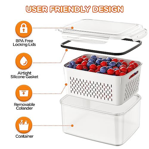 6 PCS Fruit Storage Containers for Fridge with Removable Colanders (6-Pack White)