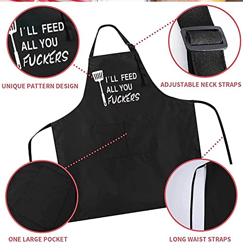 Funny Black Chef Aprons for Men BBQ Grill Kitchen Cooking Aprons (I'll Feed All You)