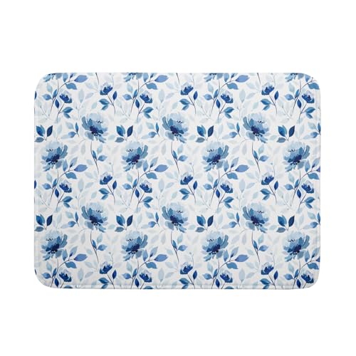 Blue Floral Dish Drying Mat 18x24 inch Flower Leaves Dish Rack Pad Microfiber Washable Dishes Drainer Pad Kitchen Countertop Accessories (Blue Floral / 18" x 24")