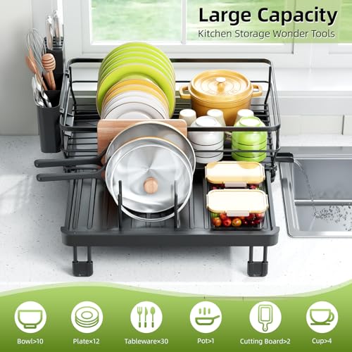 Expandable Dish Drying Rack for Kitchen Counter (Black / 1-Tier(Front Extension))