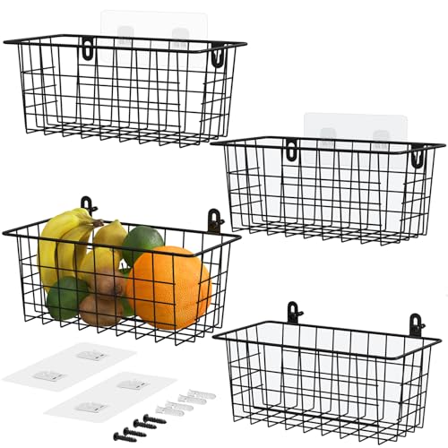 Hanging Wire Baskets Kitchen Storage Basket Adhesive and Screws Basket Over the Cabinet Door Organizer with Adhesive Strips and Screws Accessories (Black / 2 Installations-4PACK)
