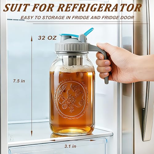 Mason Jar Cold Brew Coffee Maker 32 Oz Wide Mouth Cold Brew Pitcher 1 Quart Airtight & Leakproof Mason Jar Pitcher With Stainless Steel Fine Mesh Filter For Coffee (32 OZ Cold Brew Coffee Maker Blue)