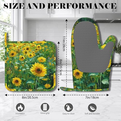 Vintage Sunflower Oven Mitts and Pot Holders Sets Flower Oil Painting Silicone Heat Resistant Kitchen Oven Gloves Pot Holder for Cooking Baking Grilling BBQ (Vintage Sunflower)