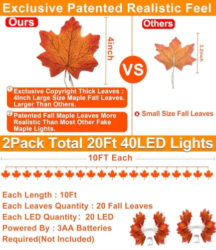 Fall Decor 2 Pack Fall Garland with Lights Enlarged Maple Leaves 20Ft 40LED (2 Pack)