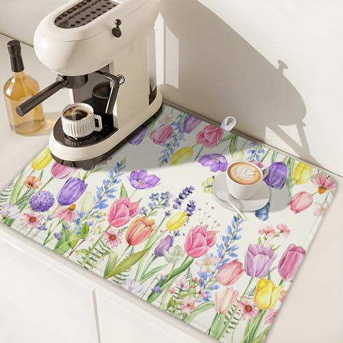 Spring Floral Dish Drying Mat for Kitchen Counter Easter Tulip Lavender Flower Microfiber Dish Drainer Mat Rustic Farmhouse Absorbent Washable Drying Pad Extra Large 18"x24" (Spring Summer Tulip / 24" x 18")