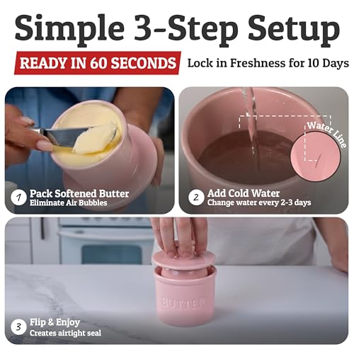 Butter Crock with Lid for Countertop with Spreader Knife and Water Line (Pink / Regular)