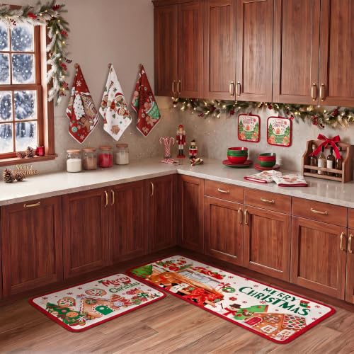 10 Pcs Christmas Gingerbread Man Kitchen Decor and Accessories Set Kitchen Towels Pot Holders Oven Mitts and Rugs for Baking Cooking BBQ Mom Housewarming Gifts (White,green,red / Cute Gingerbread Man)