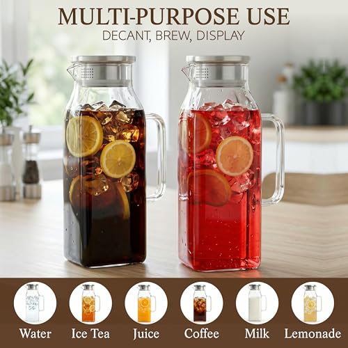 2 Pack Square Glass Pitcher with Lid and Handle