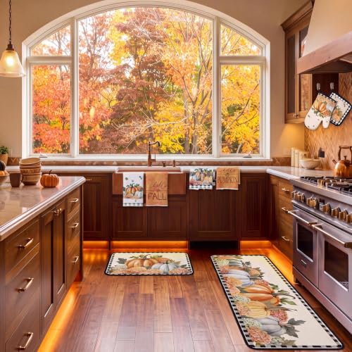 10 Pcs Fall Pumpkin Kitchen Decor Set Kitchen Towels Pot Holders Oven Mitts and Rugs Set Thanksgiving Towels for Baking Cooking BBQ Autumn Home (Beige, Orange / Vintage)