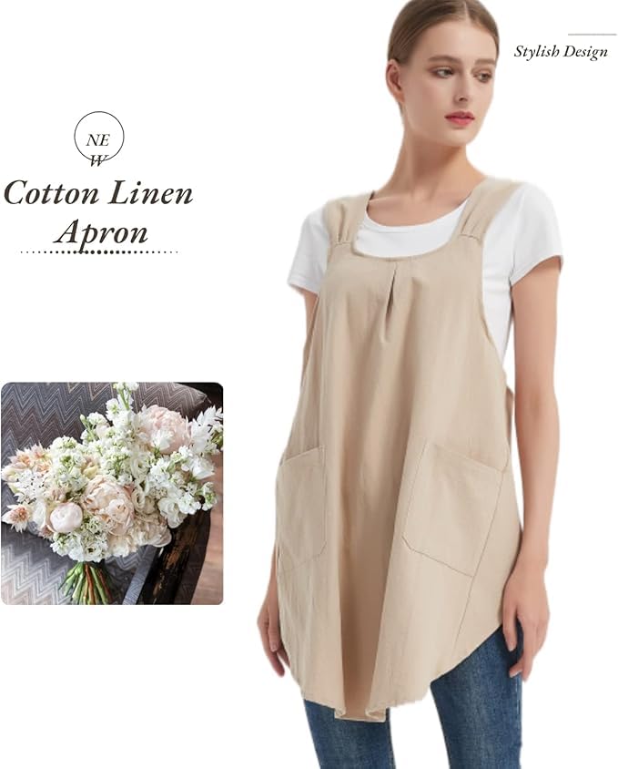 Japanese Apron for Women with 2 Roomy Pockets Linen Cross Back Aprons Cute Pinafore Dress For Kitchen Cooking Baking Work Gardening Painting Crafting (Beige)