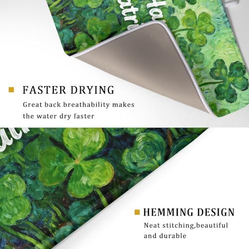 St Patricks Day Lucky Clover Dish Drying Mat for Kitchen Counter 18x24 Green Shamrock Happy Holiday Theme Absorbent Reversible Microfiber Drying Mats Kitchen Countertop Protector Dishes Drainer Pad (18" x 24")