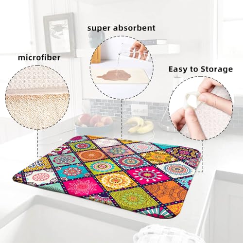 Plaid Floral Boho Counter Dish Drying Mat (BOHO 03 / 24" x 18")
