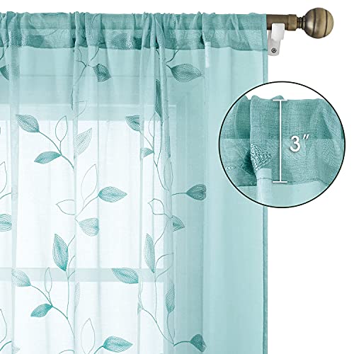 Turquoise Sheer Curtains Leaf Embroidered (52"W x 84"L (Pack of 2) / 5-turquoise)