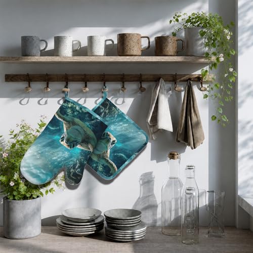 Sea Turtles Oven Mitt and Pot Holder with Silicone Heat Resistant Kitchen for Cooking BBQ Baking Grilling Cooking Protection (Sea Turtles)