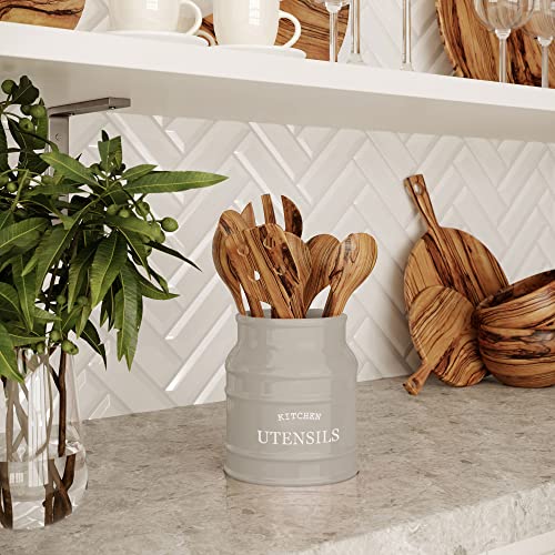 Ceramic Kitchen Utensil Holder Countertop 6.75″ (Taupe)