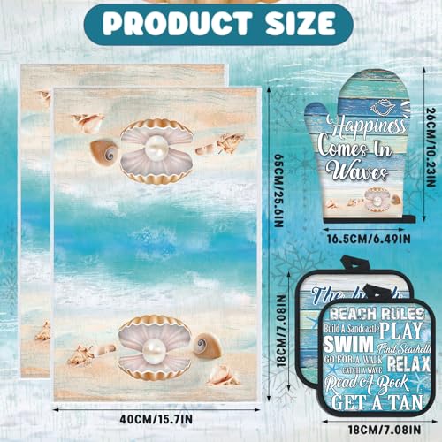6 Pcs Summer Beach Kitchen Towels Pot Holders Oven Mitts Set (Beach)