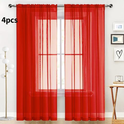 Sheer Red Curtains 4 Panels Rod Pocket Semi (Red / 52"W x 63"L (Pack of 4))