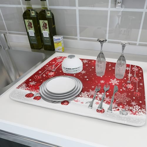 Xmas Balls Dish Drying Mat for Kitchen Countertop Winter Red White Snowflakes Dish Drainer Mats 18x24inch Reversible Dish Drying Rack Pad Protector for Dining Holiday New Year Decor (24" x 18")