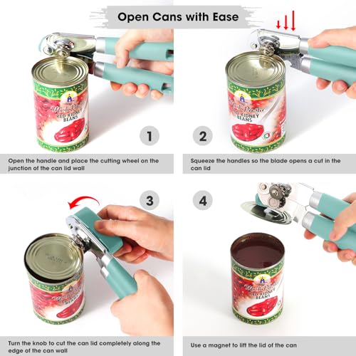 Heavy Duty Hand Can Opener Manual with Magnet Lid Remover (Mint)