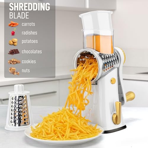 Rotary Cheese Grater Manual Hand Crank 5 Blade Shredder (5 Blades / White & Gold)