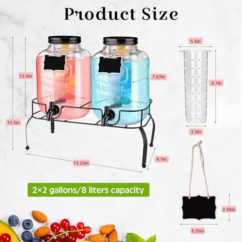 2 Pcs 2 Gallon Glass Drink Dispenser with Stand Ice Cylinder Hanging Chalkboard Signs 18 (Black Spigot)