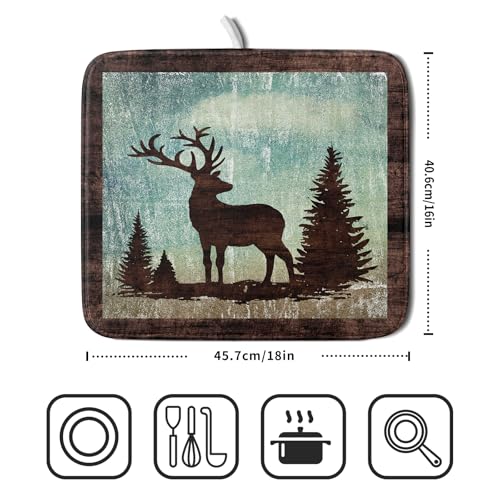 Retro Deer Forest Cabin Silhouette Dish Drying Mat Countertop 16x18 Fall Blue Sky Cloud Cartoon Elk Wild Animal Bushes Drainer Mat Pine Tree Grass Dishes Pad Rustic Dish Drainer Rack (18" x 16")