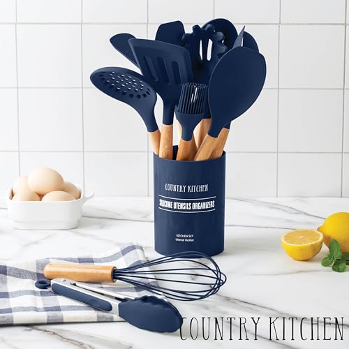 Non Stick Silicone Utensil Set with Rounded Wood Handles for Cooking and Baking (14 Piece Set / Navy)