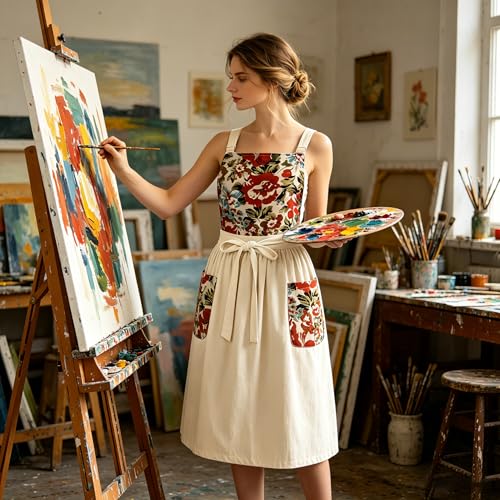 Apron for Women with Pockets Cotton Linen Metal Clip Adjust Kitchen Cooking Baking Gardening Aprons Dress Pocket Chef Apron Utility Waist Tie (1 Pack-beige With Red Green Floral)
