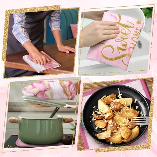 6 Pcs Pink Kitchen Decor Marble Kitchen Towels Set Pot Holders and Oven Mitts Pink Marble Linens Set for Baking Cooking Grilling Cleaning Supply Accessories (Pink)