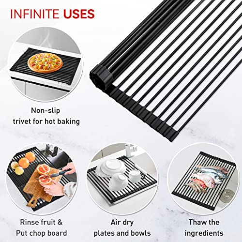 Roll Up Over The Sink Dish Drying Rack Silicone Wrapped Foldable (Rectangle-black / Rectangle: 17.5" x 11")