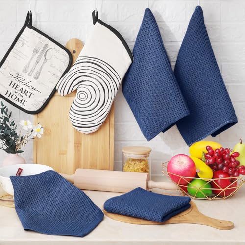 100% Cotton Waffle Weave Kitchen Dish Cloths 8 (Navy Blue / 12 X 12 - 8 Pack)