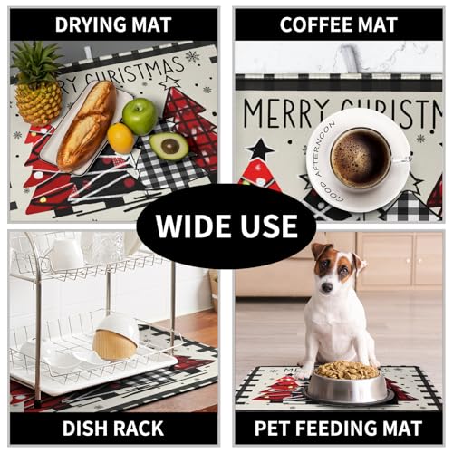 Merry Christmas Dish Drying Mats for Kitchen Counter 16x18 Buffalo Plaid Christmas Tree Microfiber Absorbent Drying Mat Seasonal Winter Holiday Drying Pad Dish Drainer Mat for Coffee Bar Sinks (Christmas -A / 16" x 18")