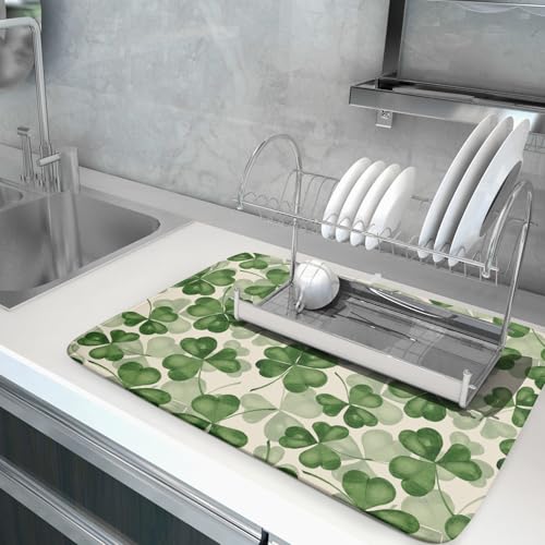 St Patrick's Day Dish Drying Mat for Kitchen Counter 18x24 Saint Patricks Clover Shamrock Green Print Absorbent Reversible Microfiber Drying Mats Kitchen Countertop Protector Dishes Drainer Rack Pad (18" x 24")