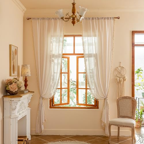 Natural Boho Sheer Curtains with Macrame 63 Inches Length for Short Window Treatment