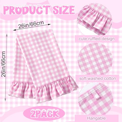 2 Pcs Hot Pink Gingham Kitchen Towels Cotton Ruffled (Hot Pink / Gingham)