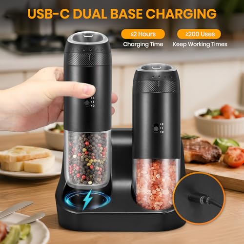 Rechargeable Gravity Electric Salt Grinder Set (Black with Charging Base)