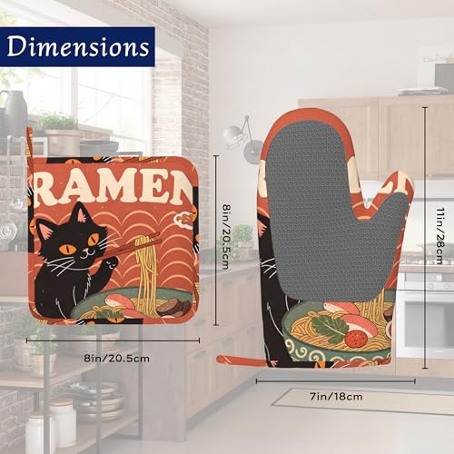 Black Cat Ramen Oven Mitts and Pot Holders Abstract Funny Silicone Kitchen Accessories Set of 4 Heat Resistant Non (Black Cat Ramen,abstract Funny)