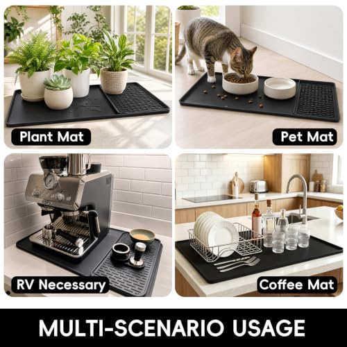 2 in 1 Extra Large 16"x28" Silicone Coffee Bar Mat Accessories Heat Resistant for Espresso Machine with Detachable Dish Drying Rug Waterproof Kitchen Office House Home Cafetera Must Have (Gray / 28" x 16")
