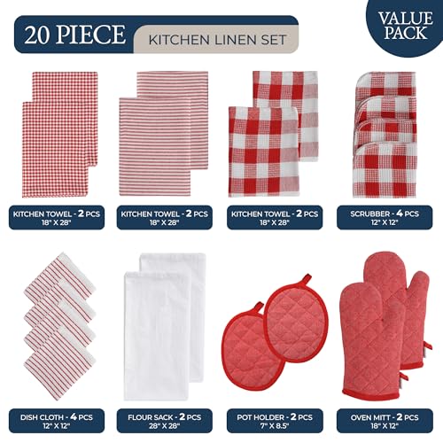 Cotton Kitchen Towels and Dishcloths 20 Pack (Kitchen Linen Set of 20 / 06: Red)