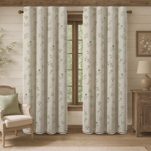 Boho Floral 100% Blackout Curtains 84 Inch 2 Panels Green (Blackout Green / 52"W x 84"L (Pack of 2))