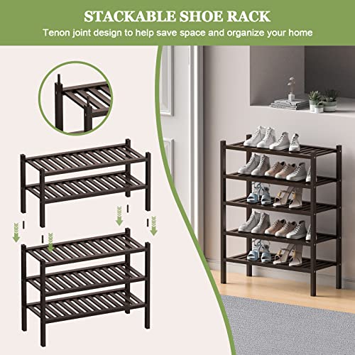 3 Tier (Thick) Bamboo Shoe Rack for Closet Free Standing Wood Shoe Shelf for Entryway Small Space Stackable 27"x12"x21" (Black Brown) (Brown / 3 Tier(Thick))