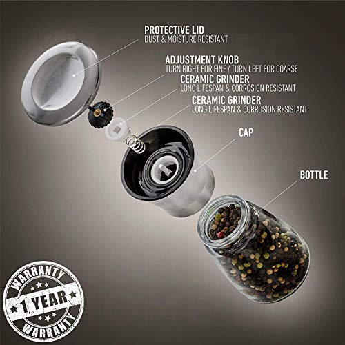Original Stainless Steel Sea Salt and Pepper Grinder Set of 2 (2pk / Clear Glass)