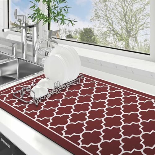 Dish Drying Mat Absorbent Dish Drying Mats for Kitchen Counter 18"x 32" (Stylish Red / 32" x 18")